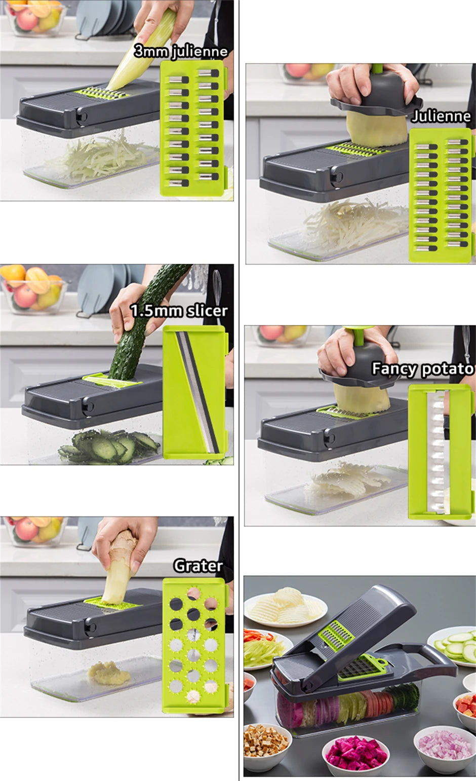 8-in-1 multifunctionele groentesnijder voor huishoudelijk gebruik, aardappelsnijder, keukenradijsrasp, keukengereedschap voor thuisgebruik, fruit en groenten