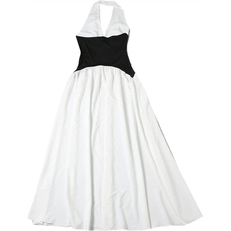 Elegant Contrast Patchwork Dress Women Halter Low-Neck Backless Ruched Ruffles Hem Vacation Beach Party Long Bodycon