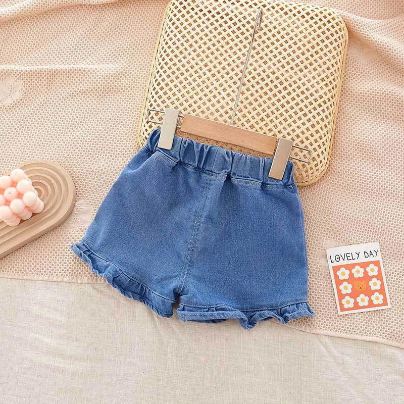 Summer Kid's Pants Fashion Girls New Denim Ruffle Shorts Children's Wear Teenage Girl Jeans 4-6Y