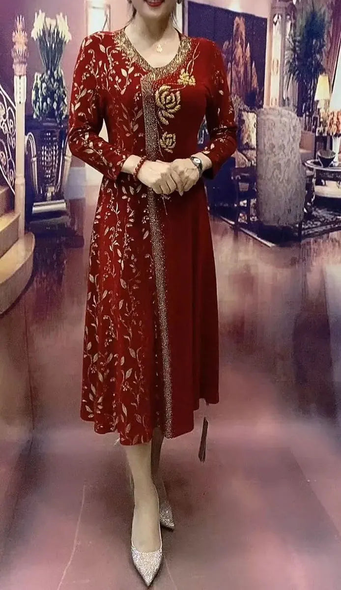 Elegante V-halsjurken met print voor woon-werkverkeer Lente Herfst Nieuwe A-lijn Dameskleding Lange mouwen Stijlvolle bloemenruiten Lange jurk