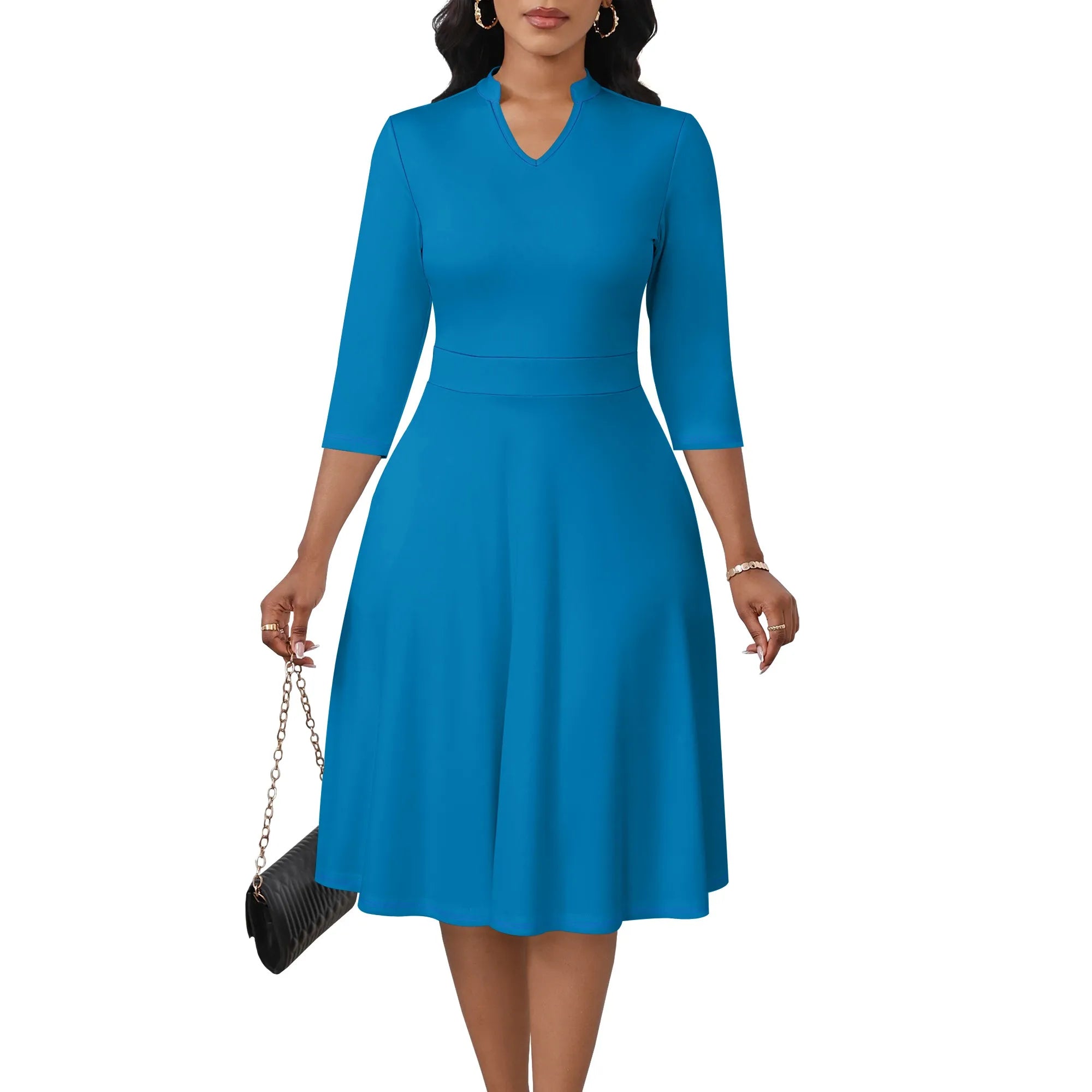 Women's Abstract Off Shoulder Maxi Dress 3/4 Sleeve Blue Gold Slit Party Evening