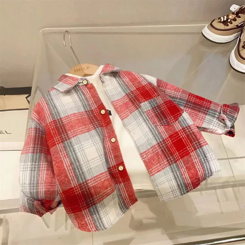 Autumn Kid's Shirts Boys Vintage Plaid Shirt Girls Casual Turn Down Collar Blouse Children's Base Tops 2-7Y Unisex