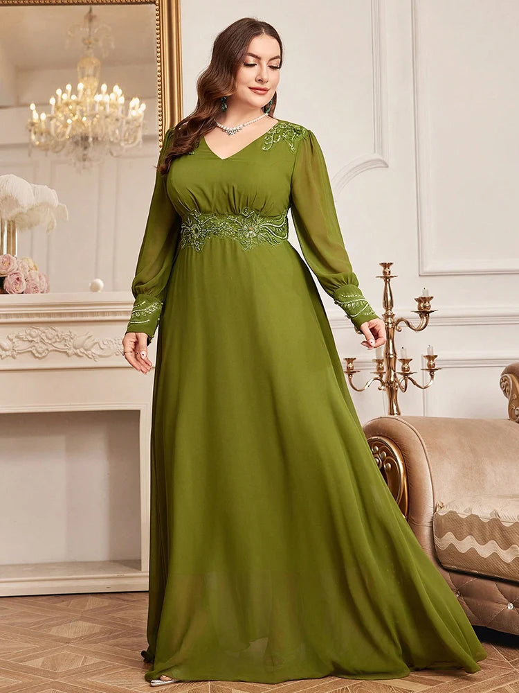 Luxury Elegant Long Sleeve Maxi Dresses Plus Size Women Wife Embroidery Patchwork High Waist Evening Party Dress