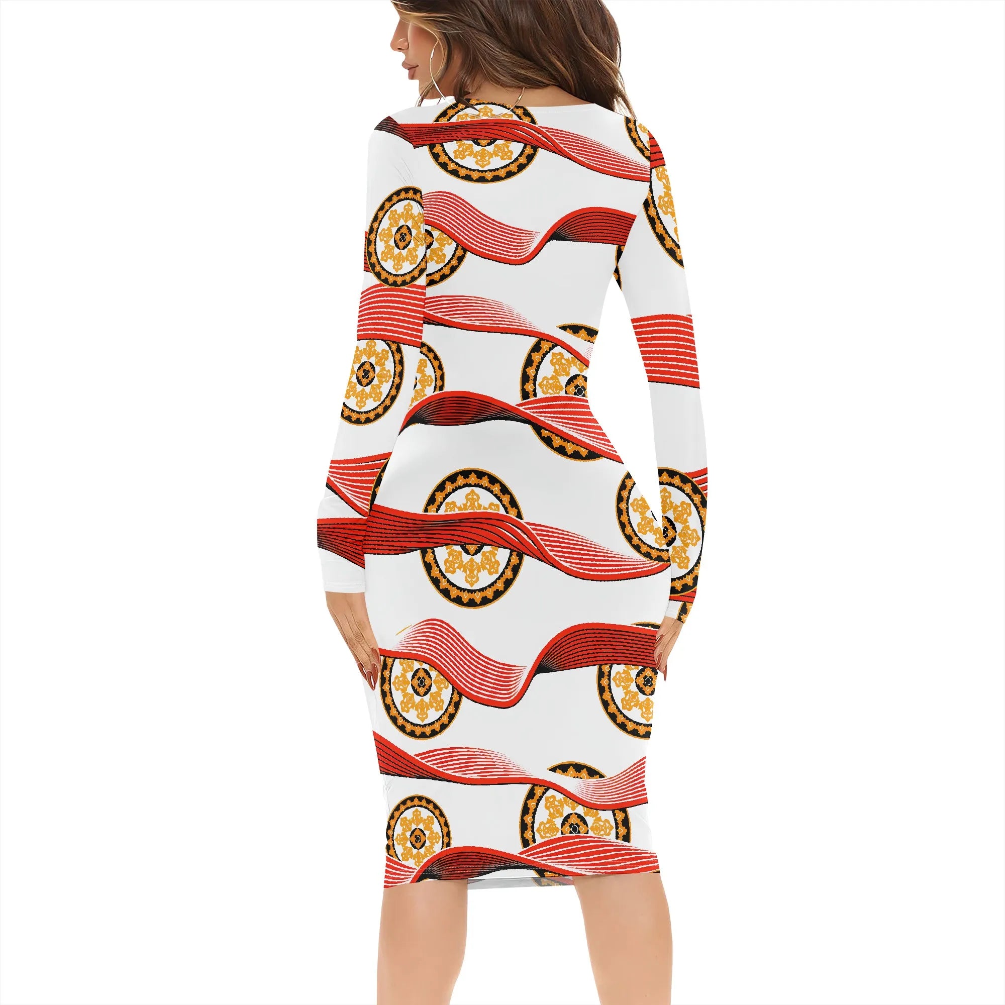 Womens Bodycon White Dark Blue line Flower Print Round Neck Ruffle Ruched Party Knee Length Pencil Dress