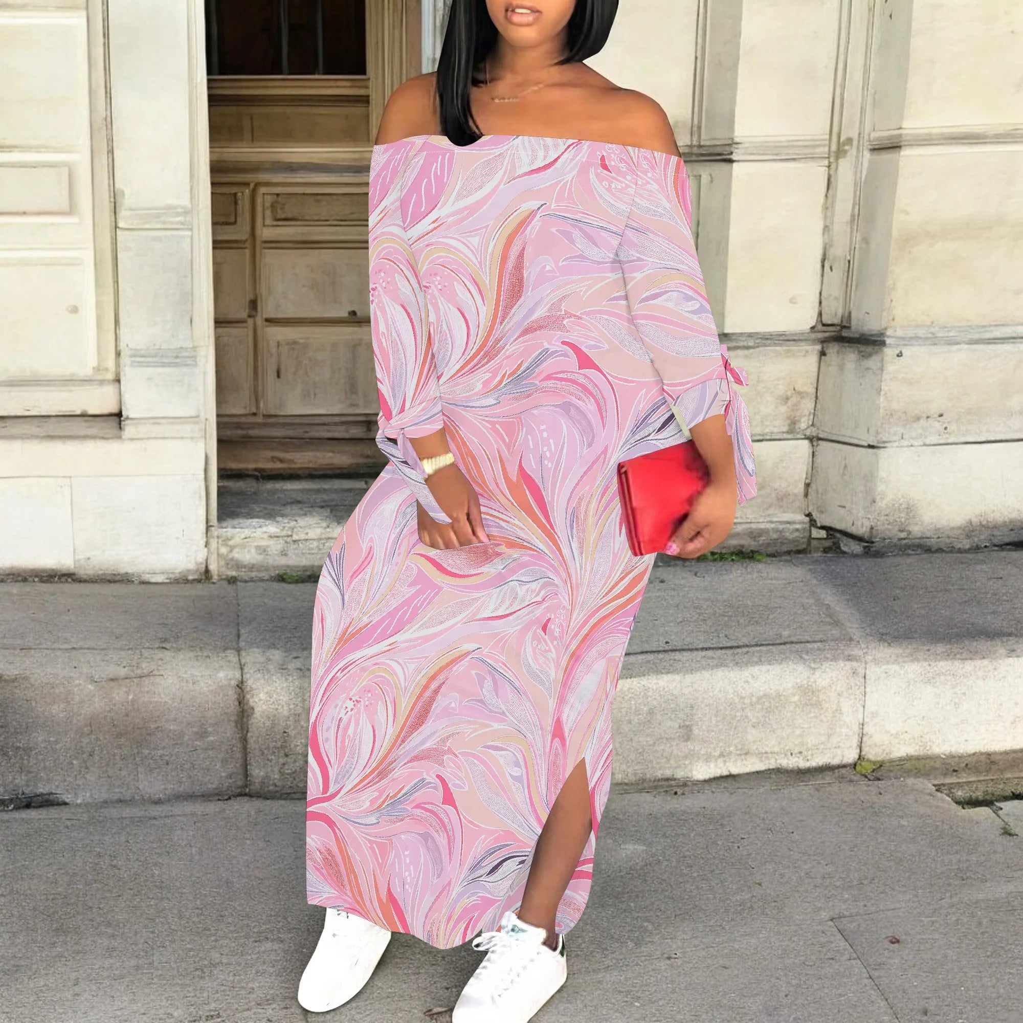 Casual Pink Butterfly Print Maxi Dress Off Shoulder Long Sleeve Bodycon Dress for Women Spring Vacation Style