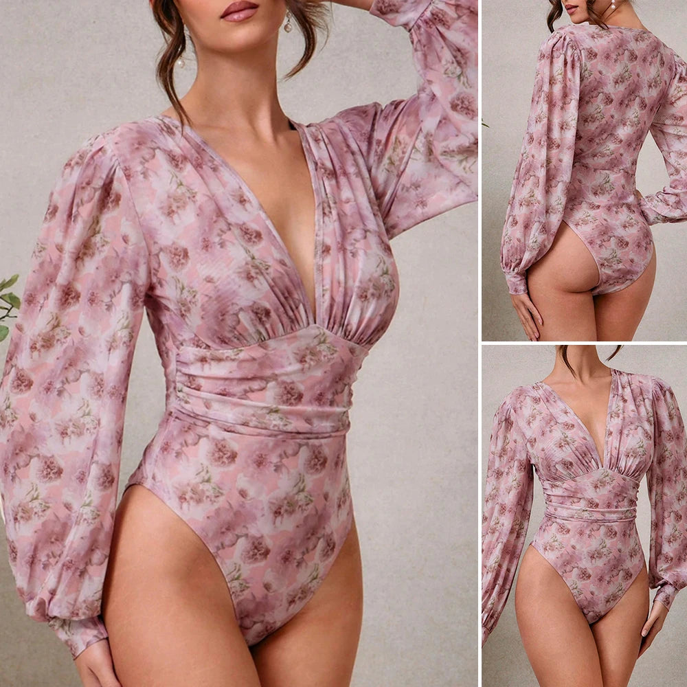Women's Jumpsuits Summer Korean Fashion Elegant 2025 Ditsy Floral Long Sleeve V-neck Seaside Jumpsuits