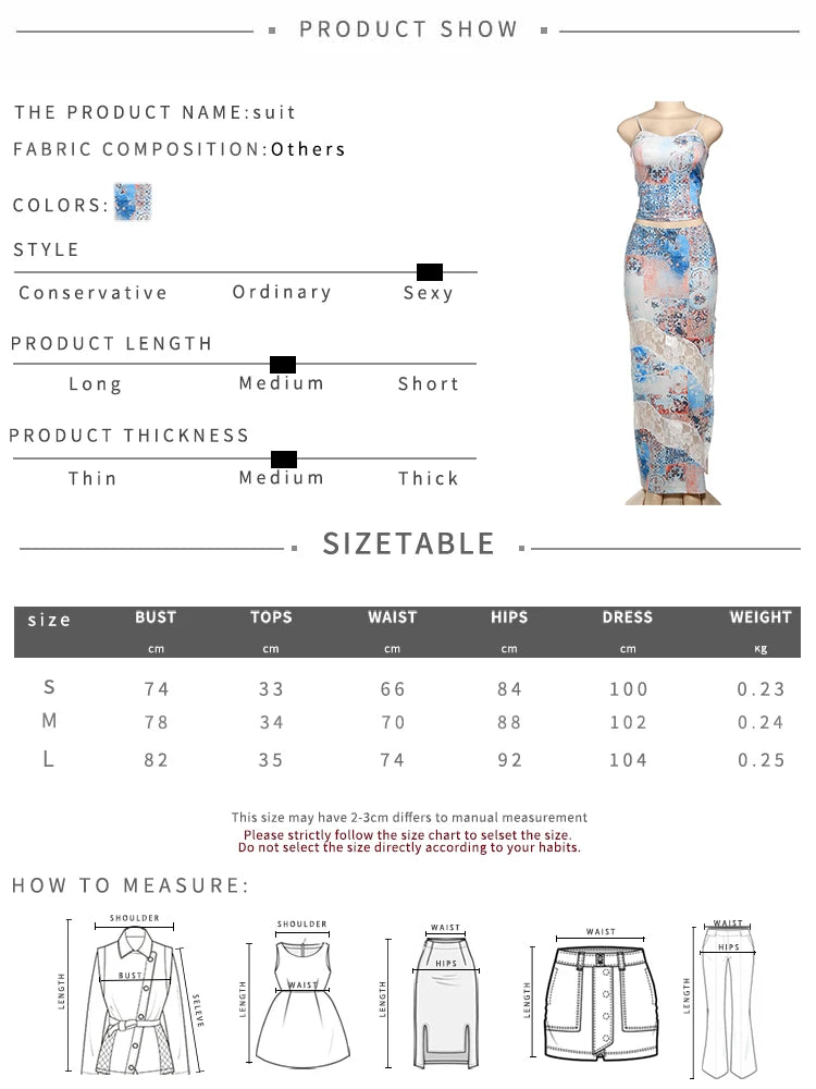 Colourful Fashion Print 2 Piece Set Women Sexy Backless Camisole + Mesh Patchwork Long Skirts Vacation Streetwear Outfits