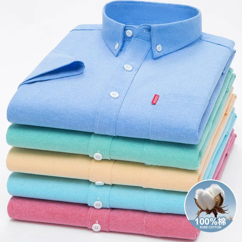 Men's Summer Shirts Short Sleeve 100% Cotton Luxury Oxford White Yellow Red Business Formal Dress Shirt Big Size 5XL