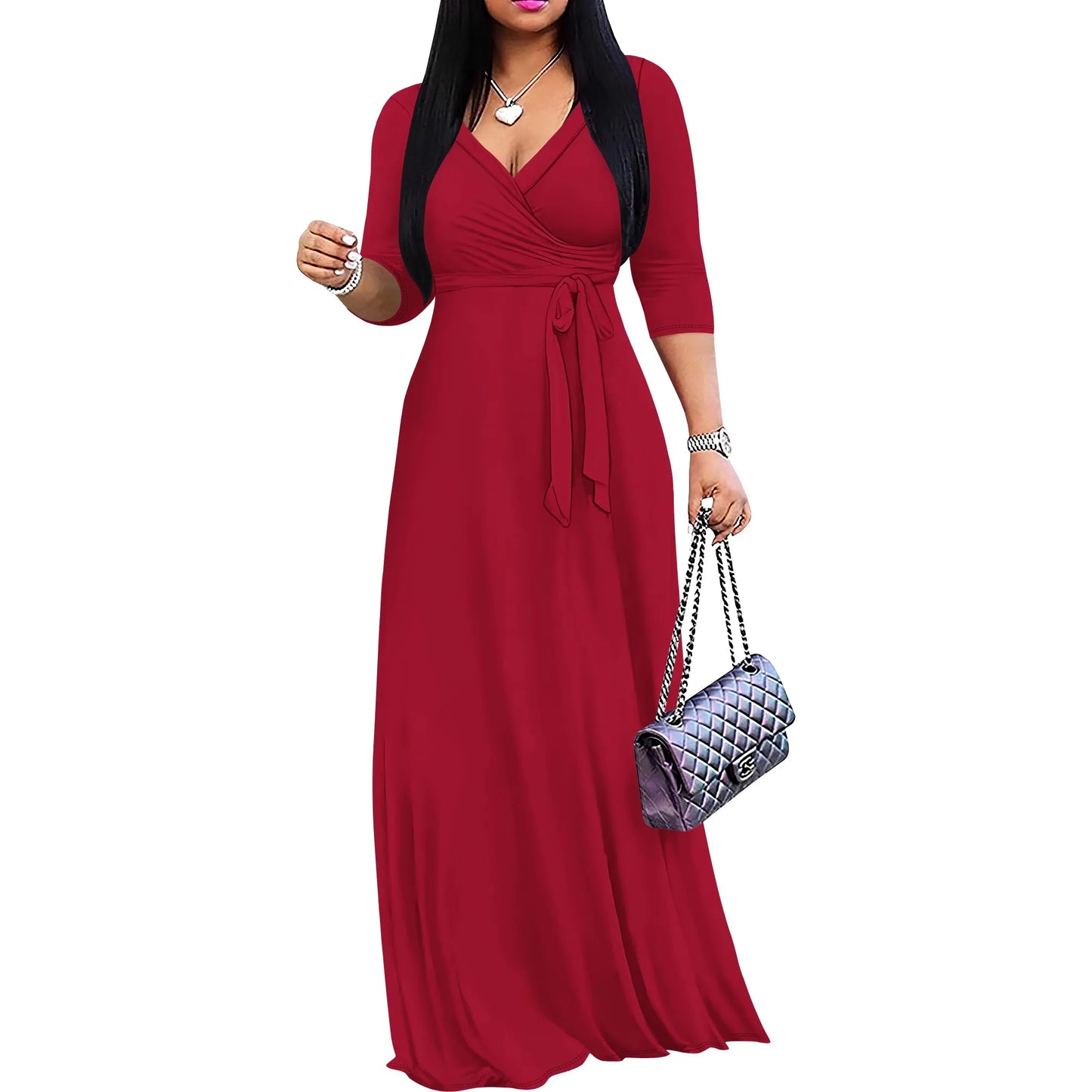Solid Color Bohemian Summer Long Maxi Dress V-Neck 3/4 Sleeve