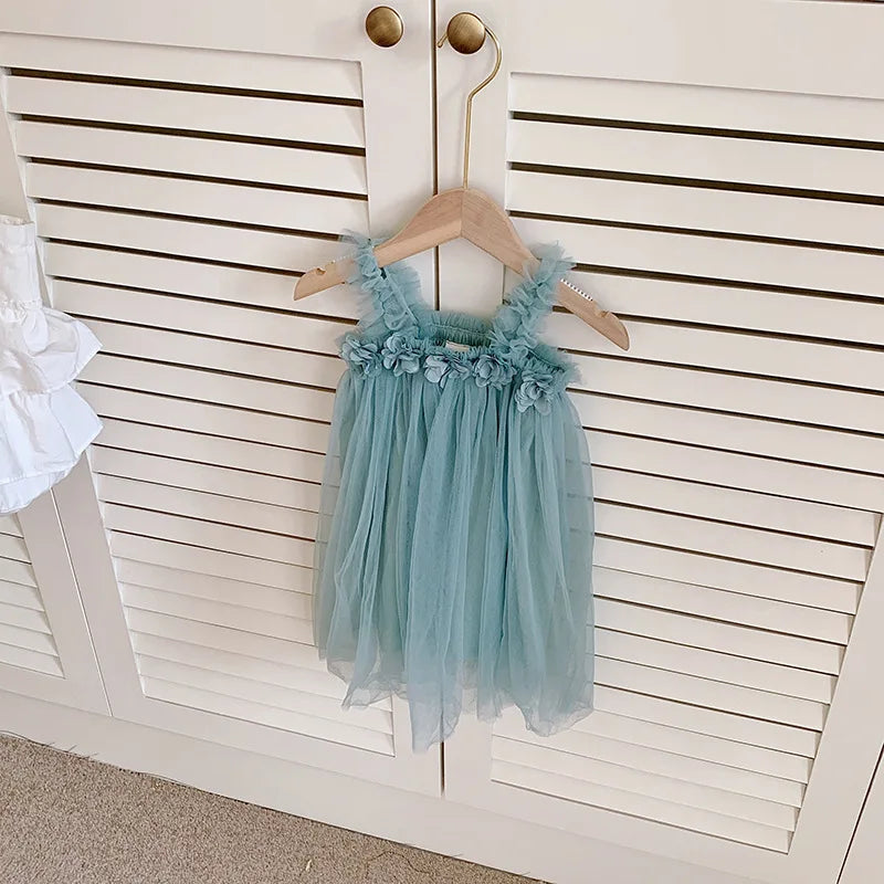 Summer Kids Sweet Mesh Dress Girls 6 Colours Suspended Floral Beach Skirt Children Tutu Princess Dress 1-6Y Girls