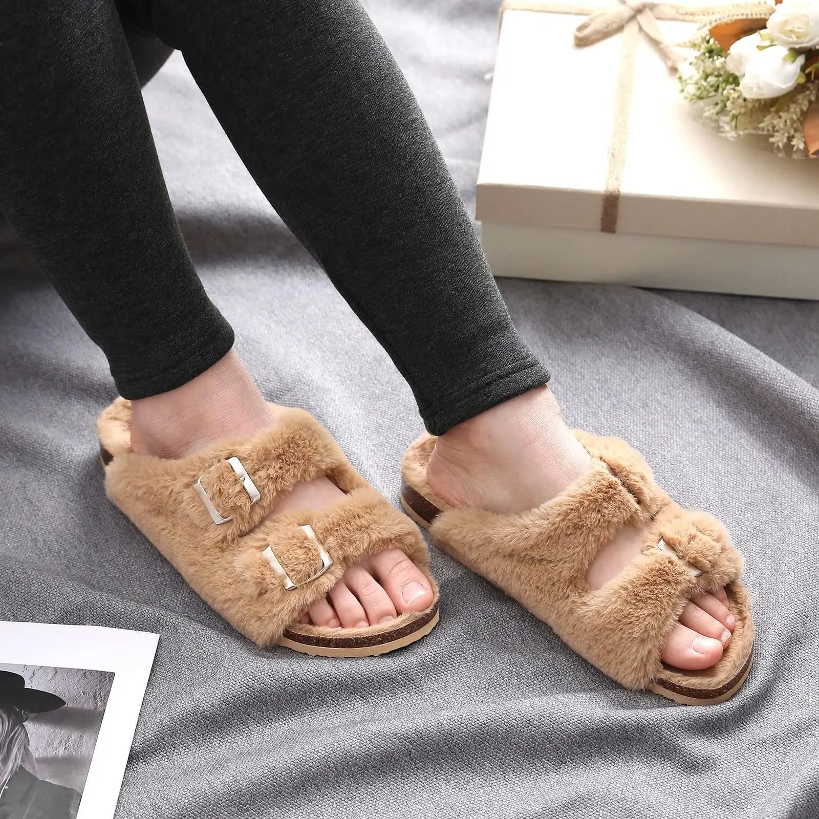 Women's Winter Warm Leisure Slippers Non-Slip Outdoor Slides Cork Insole Cosy Slip-On With Arch Support Suitable As Ladies' Sandals
