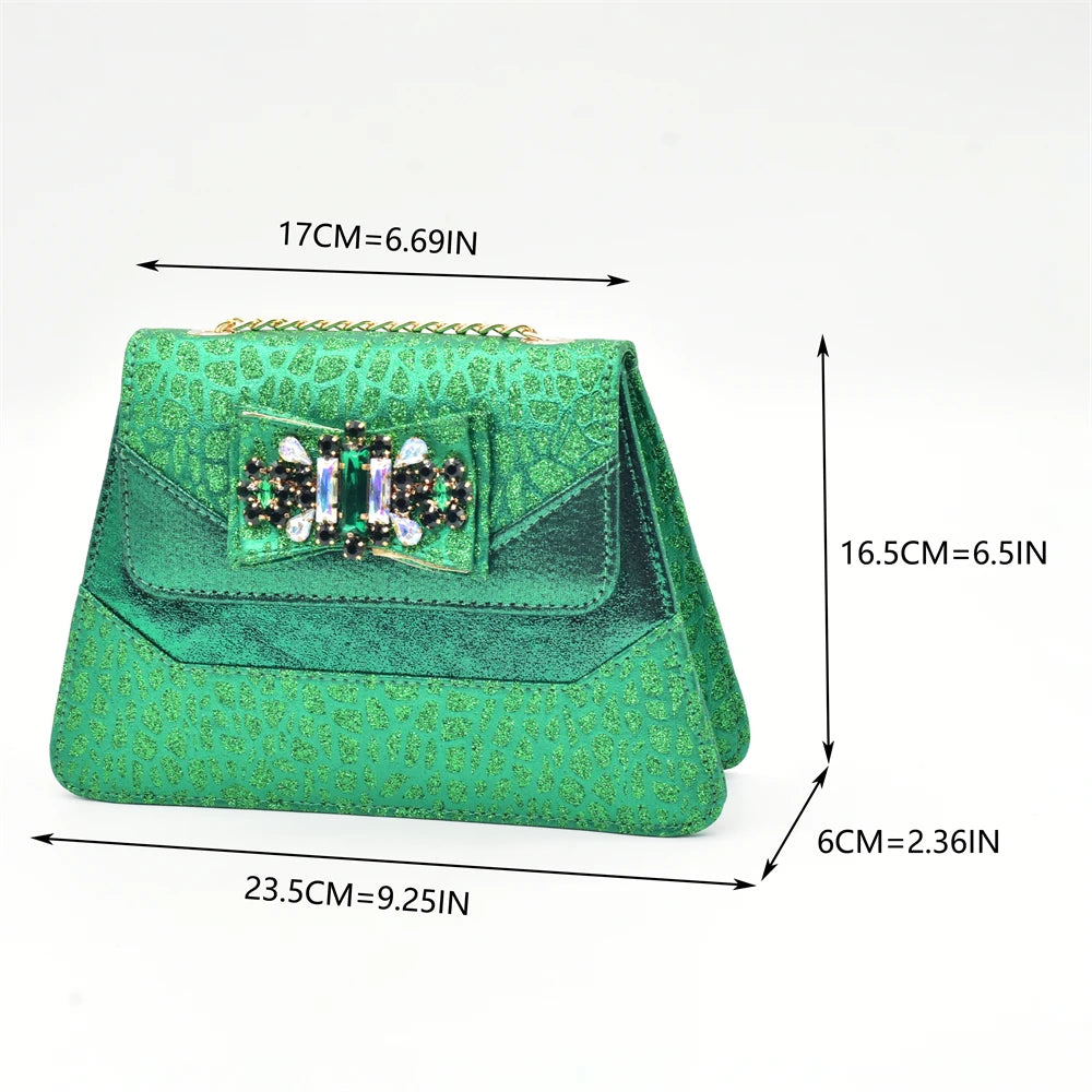 Green Colour Shoe and Bag Set for Party in Woman Italian Crystal Butterfly-knot Women Pumps Nigerian Lady Shoes and Bag