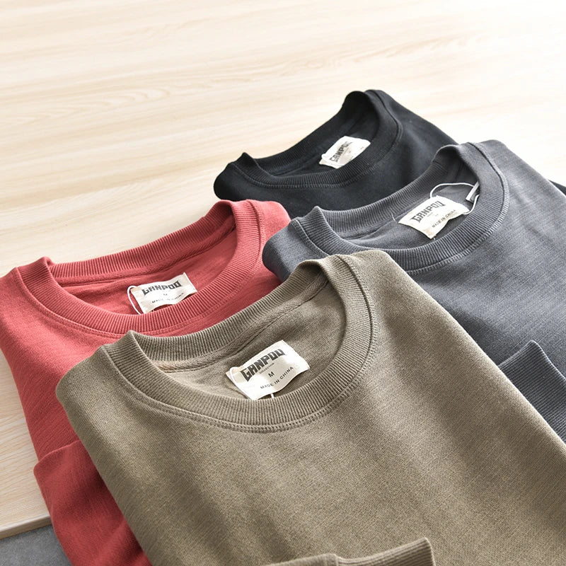 Lente Nieuwe Amerikaanse Retro Lange Mouw O-hals Effen Kleur Sweatshirts Heren Eenvoudige 100% Katoen Gewassen Trui Casual Sportkleding