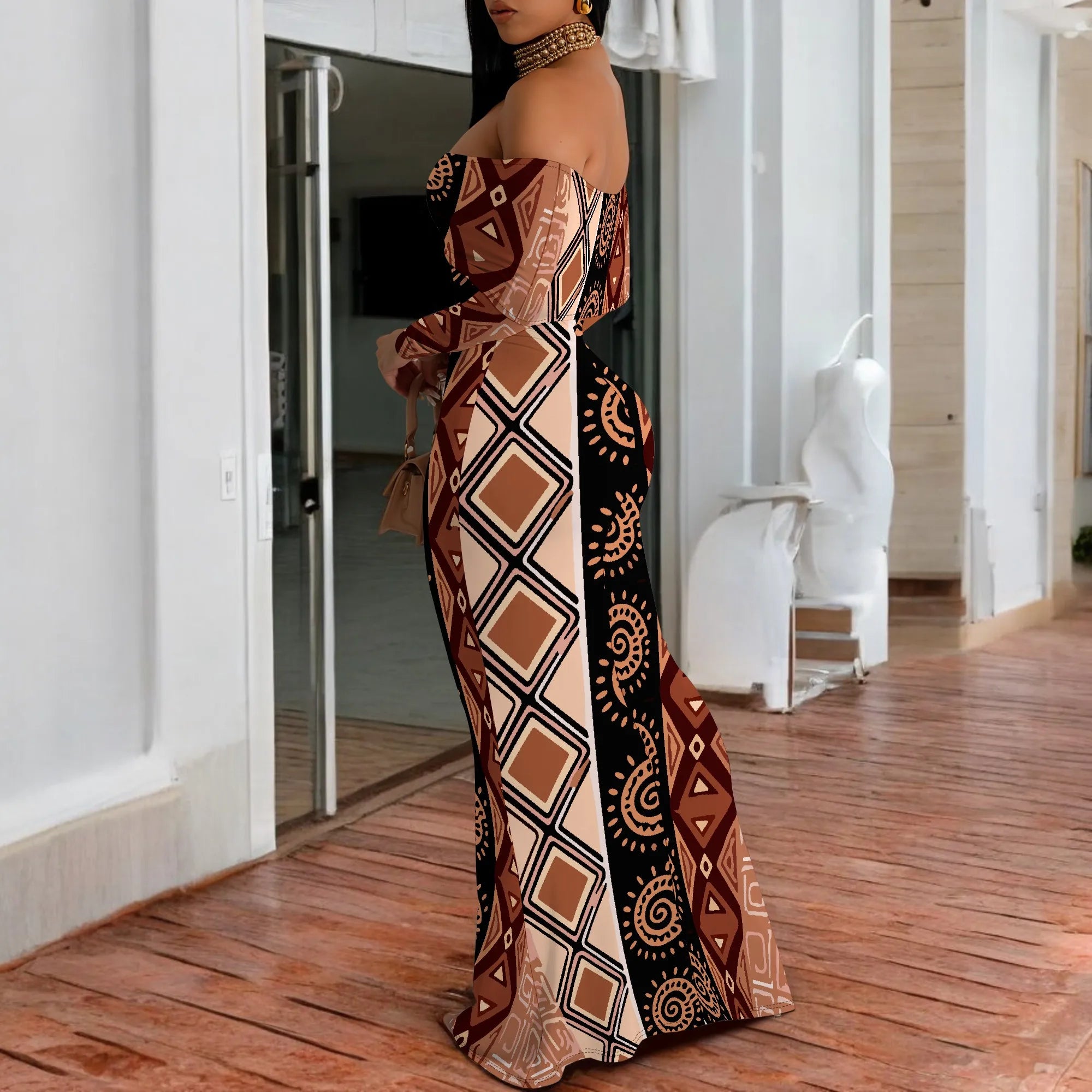 Off Shoulder Maxi Dress Blue Purple Glitter Print Bodycon Long Sleeve Gown