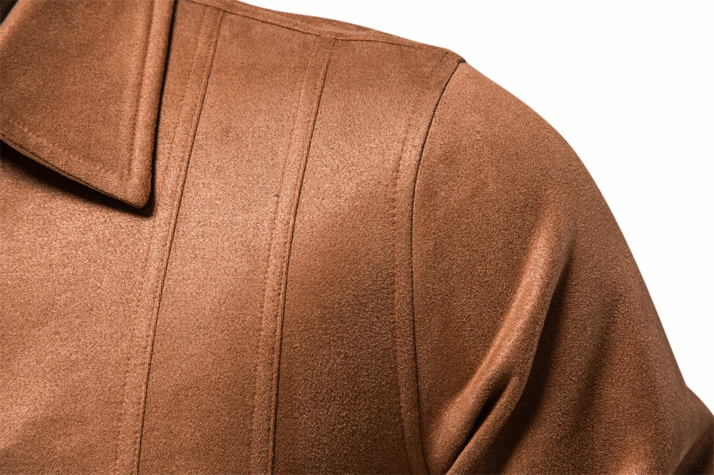 Men's Brown Suede Turn Down Collar Jacket Casual Business Faux Leather Trucker Jackets Coat For Men