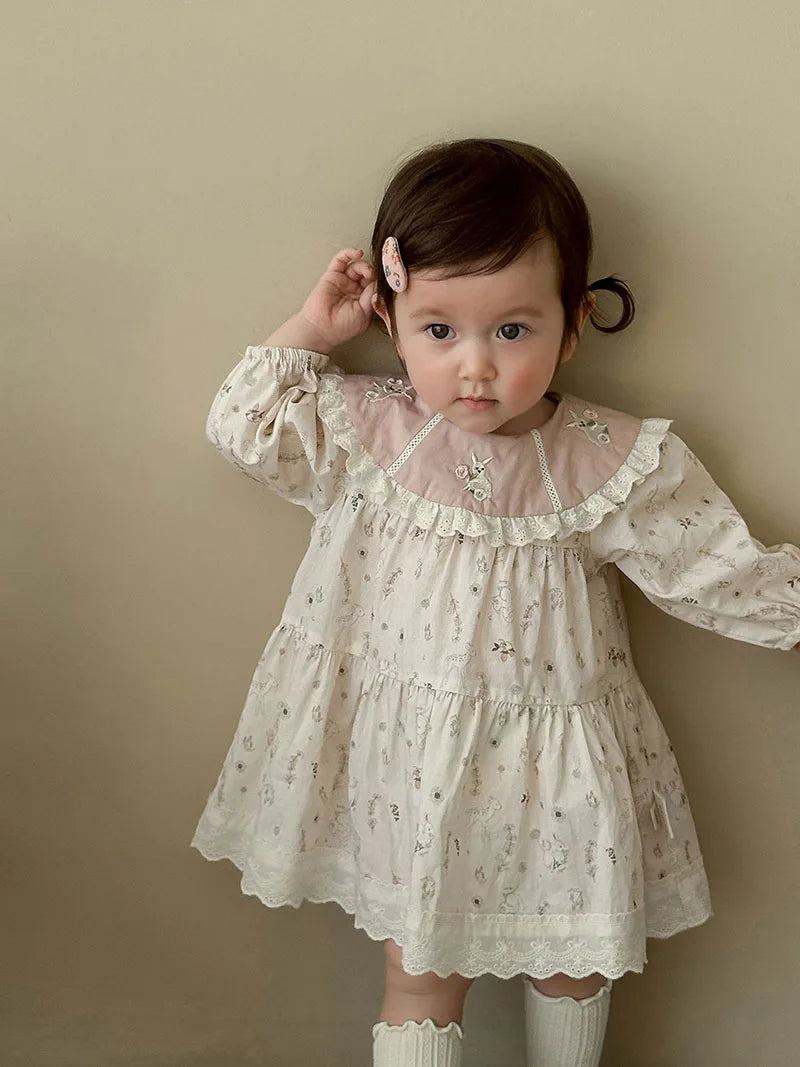 New Autumn Girls Flower Dress Cartoon Bunny Lace Kids Princess Dress Loose Korean Version Children Clothes 9M-5T Girls