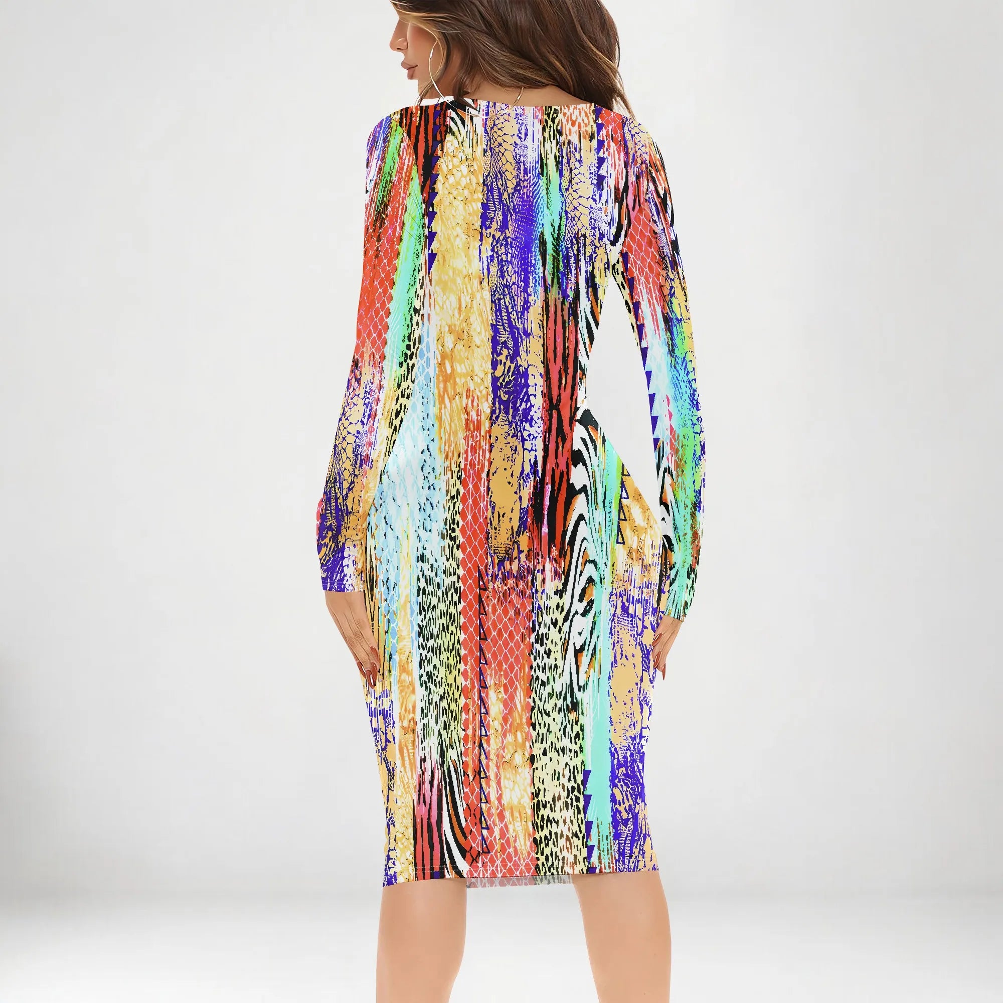 Womens Bodycon White Dark Blue line Flower Print Round Neck Ruffle Ruched Party Knee Length Pencil Dress