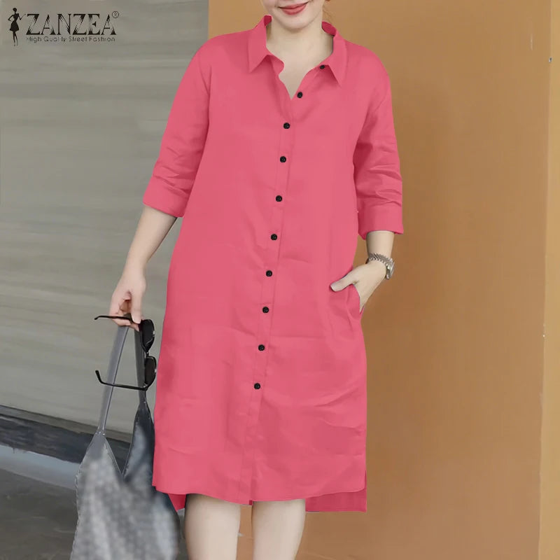 2025 Fashion Autumn Shirt Dress Women Lapel Neck 3/4 Sleeve Sundress Casual Loose OL Work Dresses Button Midi Robe Kaftan