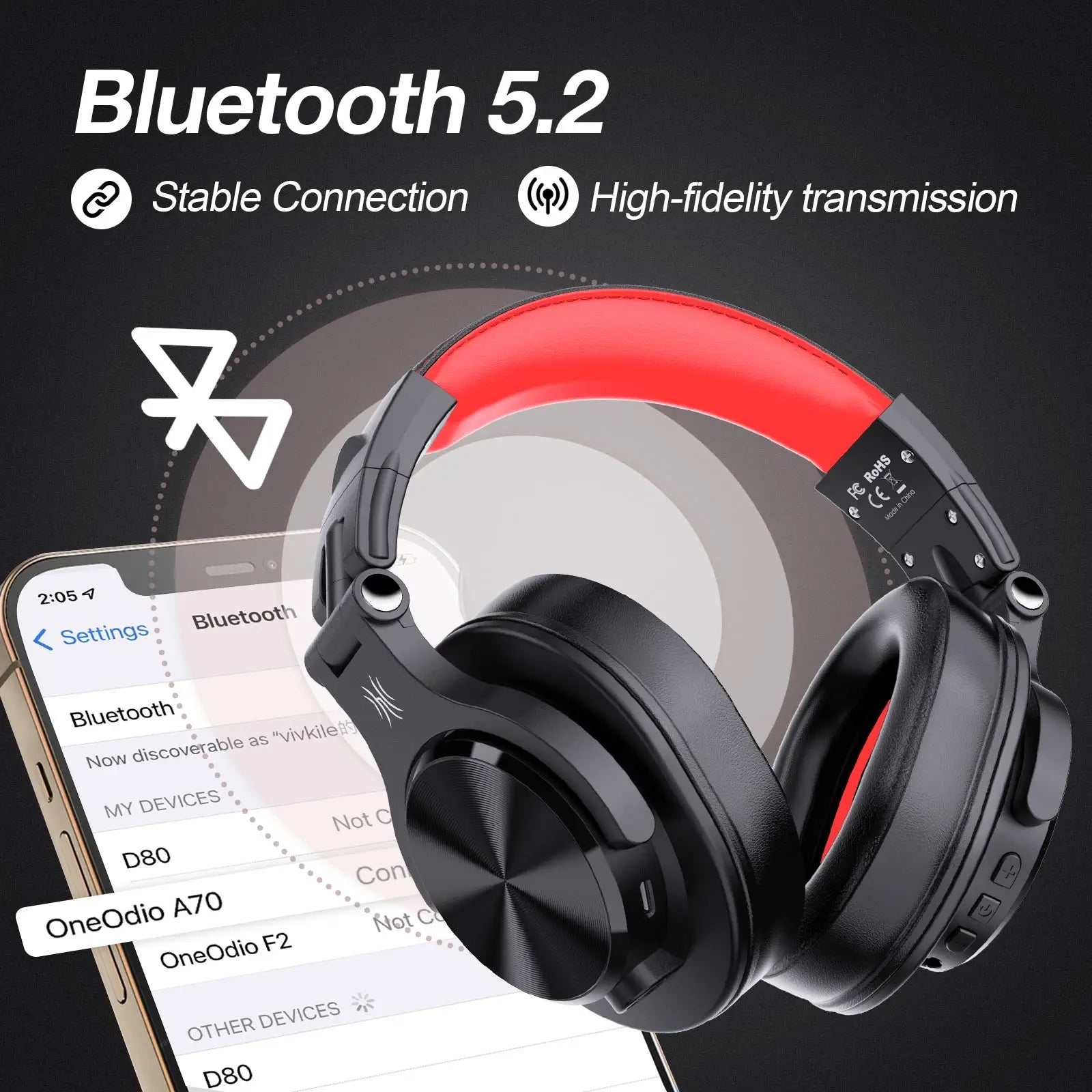 Oneodio Fusion A70 Wireless Bluetooth Headphones Bluetooth 5.2 Headphones Hi-Res Audio Over Ear 72H Playtime Professional Stud