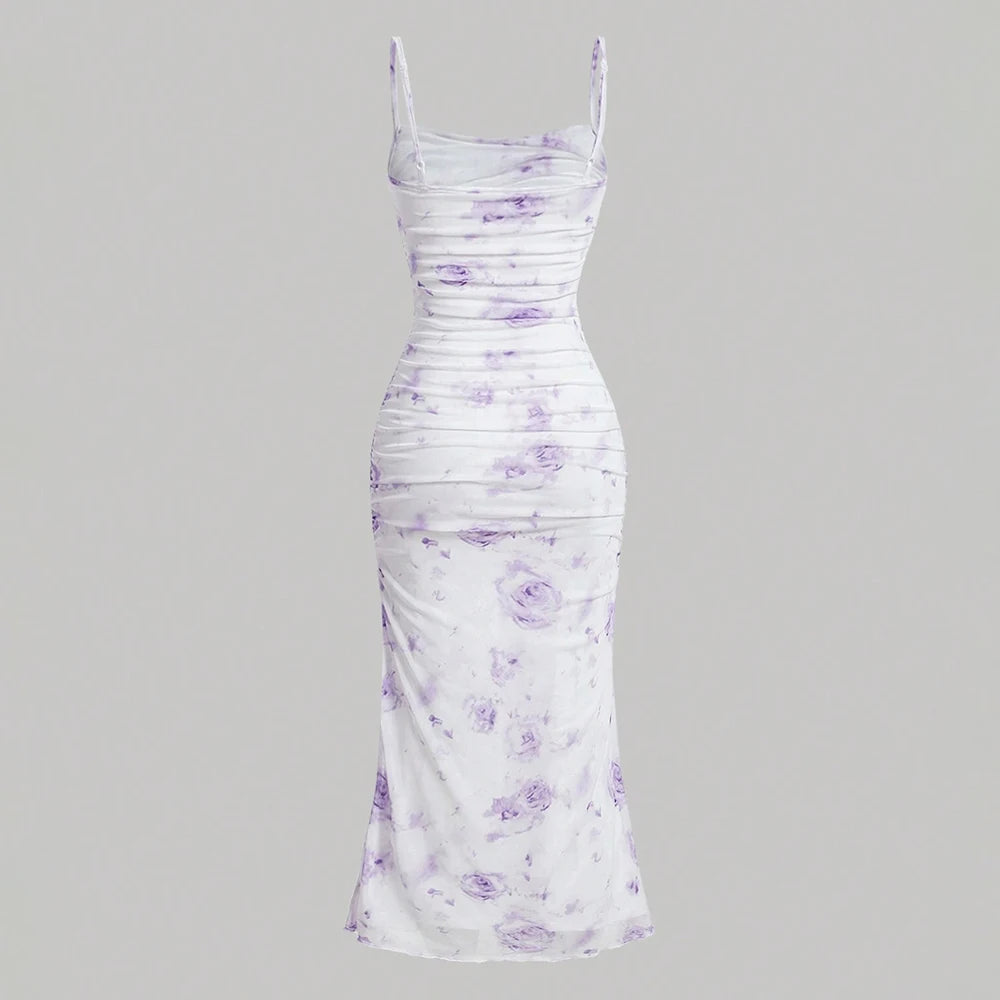 Dresses Summer Skinny Fit Elegant Floral Sleeveless Square Neck Maxi Party Lettuce Trim Dresses For Women
