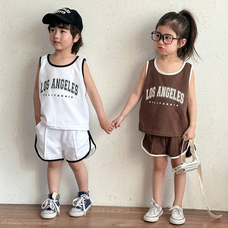 New Summer Kids Clothes Set Children Thin Style Letter Sports Suit Girls Tank Top Shorts Boys Outfits 4-6Y Unisex