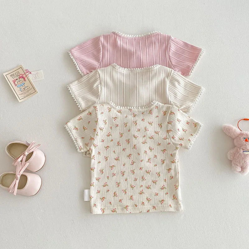 New Summer Kids T-shirt Boys Cute Hollow Out Floral Tops Children Thin Style Pit Strip Lace Girls Tee 1-5T Unisex