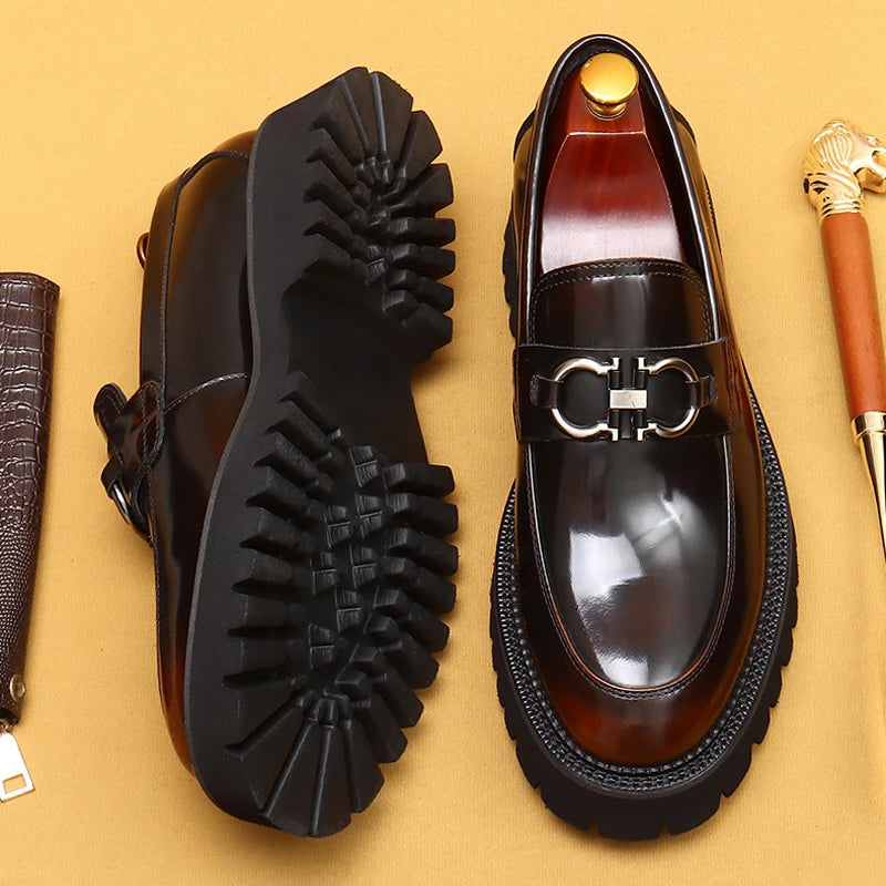 Cow Leather British Loafers Men Glossy Leather Business Casual Heightening Shoes - Non-Slip Tire Soles Dress and Round Toe Shoes