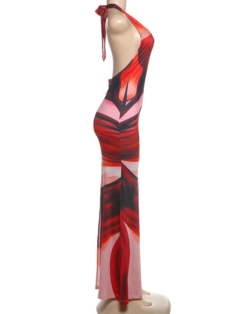 Deep V-Neck Women Long Dress Colorful Print  Sexy Backless Sleeveless Lace-Up Elegant Birthday Banquet Party Bodycon