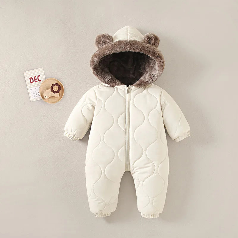 Baby's Winter Warm Clothes Fur Lining Rompers Fur Hoodie Jumpsuit Thicken Fleece Toddler Outfit 0-2Y