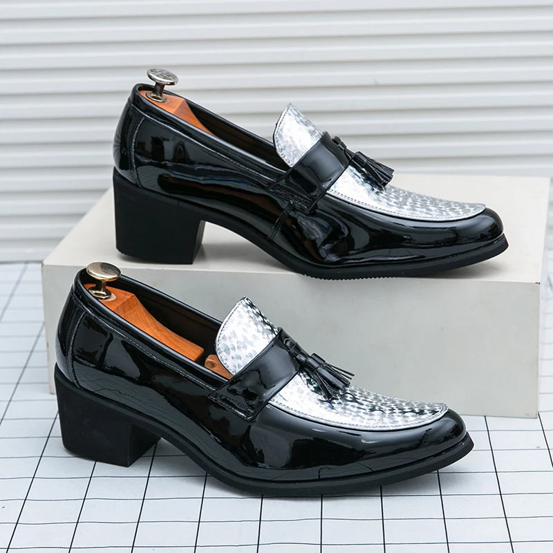 Height Increasing Male Formal Dress Shoes High Heel Men Popular Wedding Oxfords Black Silver Adult Leisure Casual Shoes