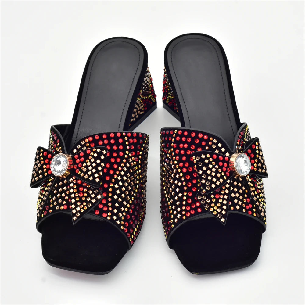 Nigeria Popular Design African Ladies Shoes and Bag Set Decorated with Rhinestone Wedding Shoes Bride Peep Toe Low Black Heels