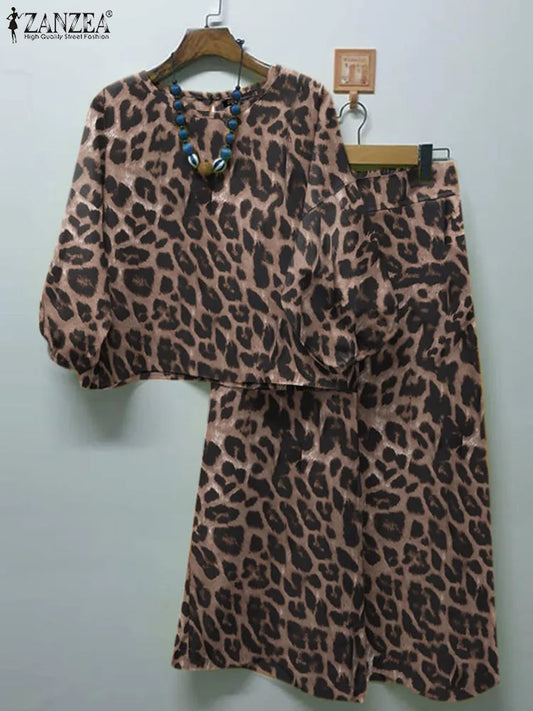 Spring Casual Leopard Printed Suit 3/4 Sleeve O-Neck Blouse Loose Trousers 2PCS Woman Fashion Party Matching Sets