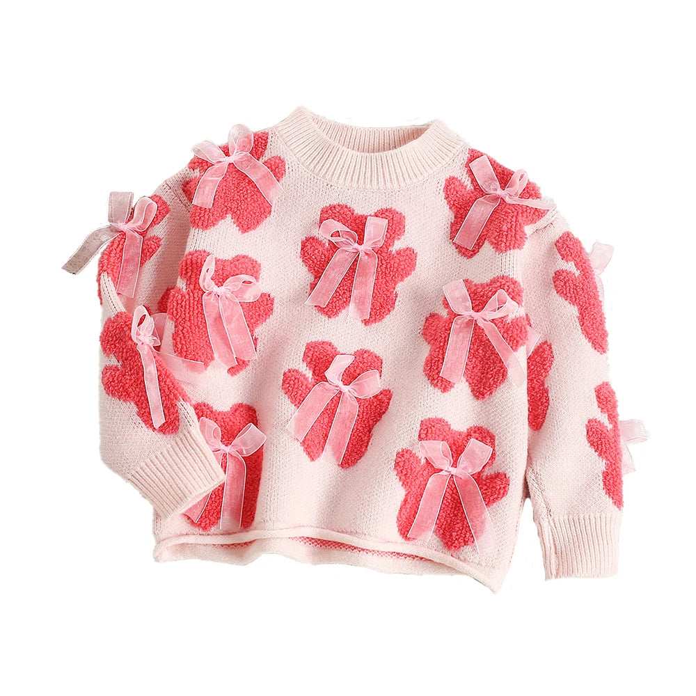 New Autumn Girls Knitted Sweater Sweet Bear Bow Kids Sweater Korean Loose Children Outwear Tops 9M-5T Girls