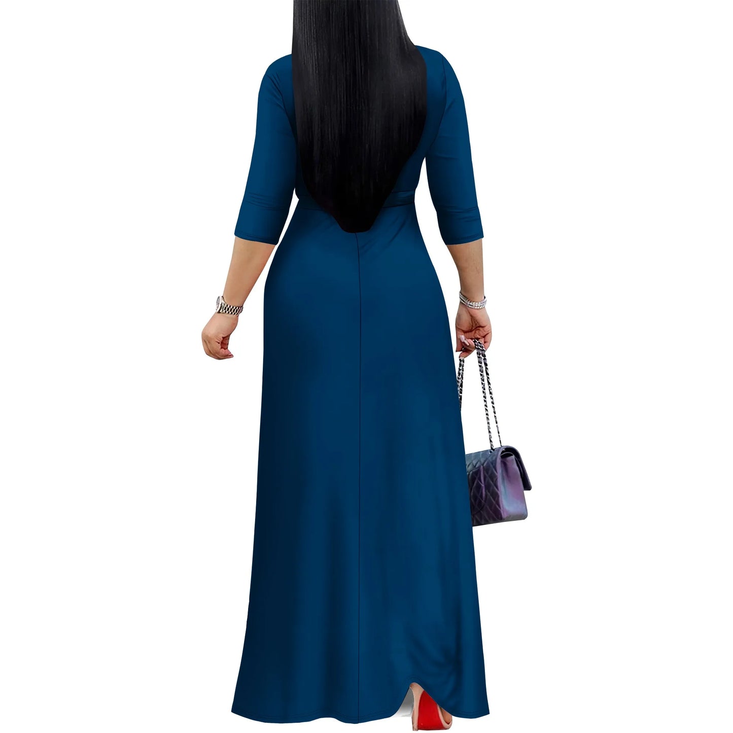 Solid Color Bohemian Summer Long Maxi Dress V-Neck 3/4 Sleeve