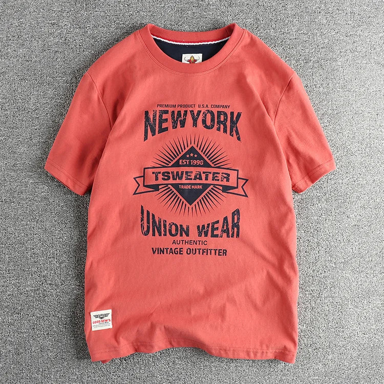 2025 Summer New American Retro Short Sleeve O-neck Letter Printed T-shirt Men's Fashion 100% Cotton Washed Casual Youth Tops