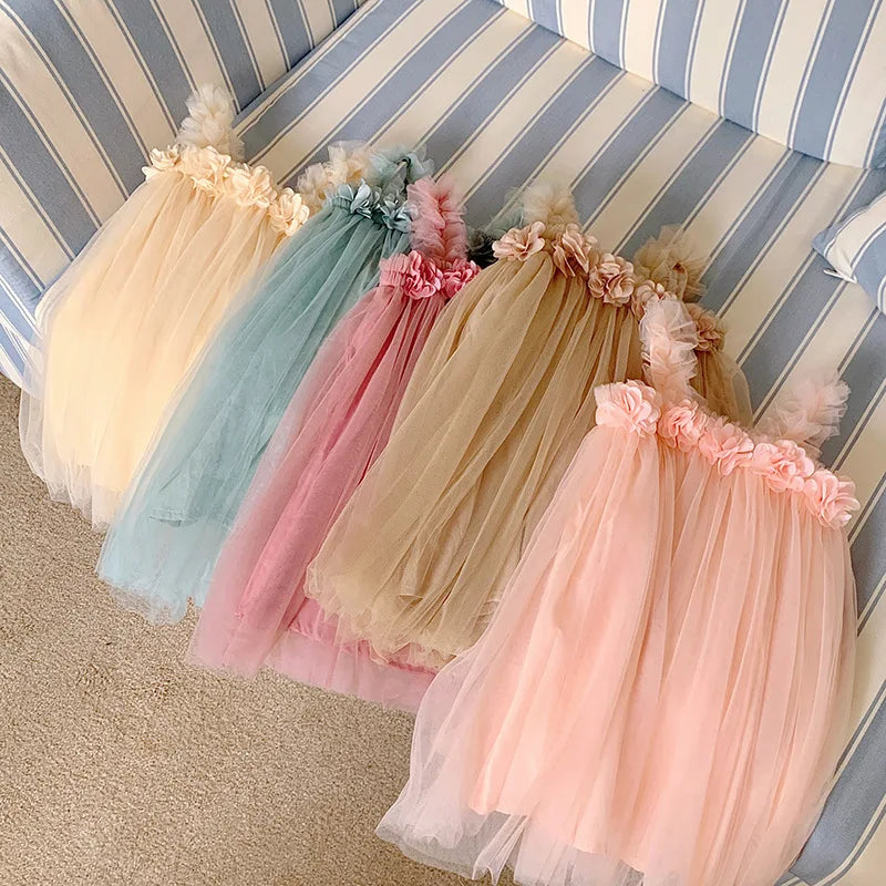 Summer Kids Sweet Mesh Dress Girls 6 Colours Suspended Floral Beach Skirt Children Tutu Princess Dress 1-6Y Girls