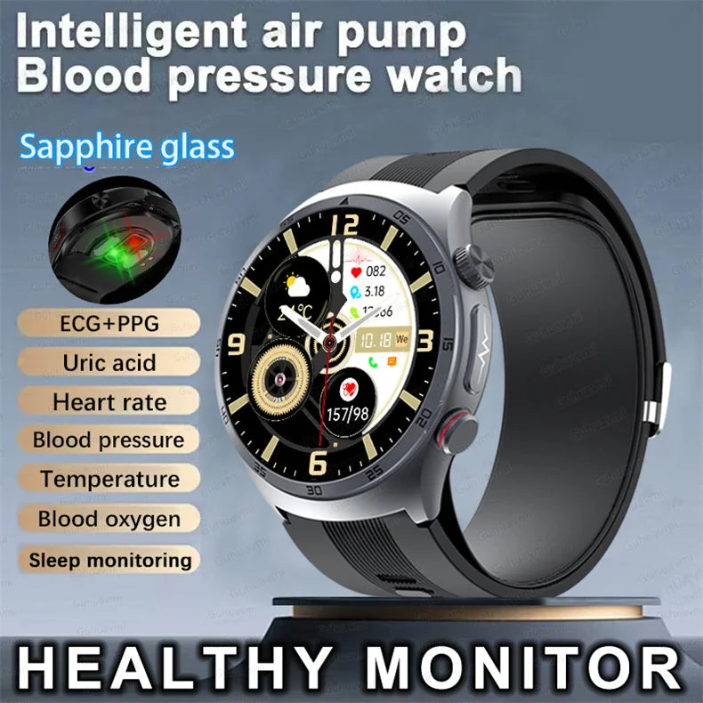 ECG Unisex Health Grade Smart Watch Air Pump Blood Pressure Blood oxygen ECG+PPG Bluetooth Call NFC Smartwatch For Men & Women