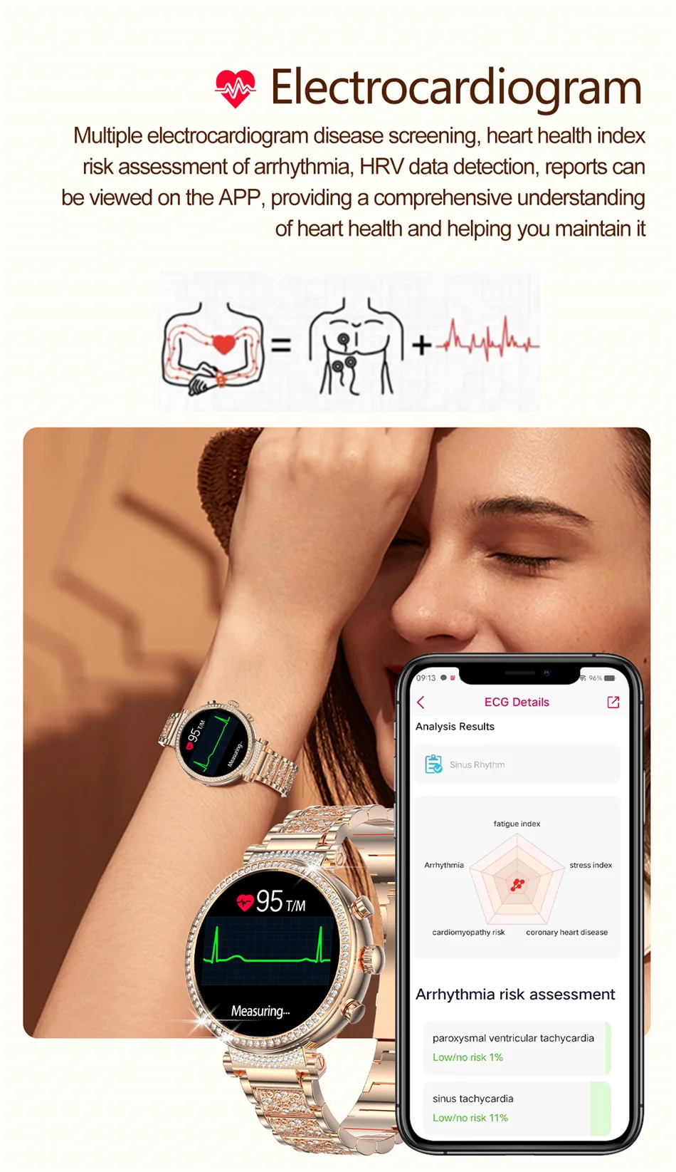 Women Diamond Smart Watch ECG Women Health tracking Watch Full Touch Screen BT Call Custom dial Smartwatch Compatible with Huawei & Xiaomi IOS