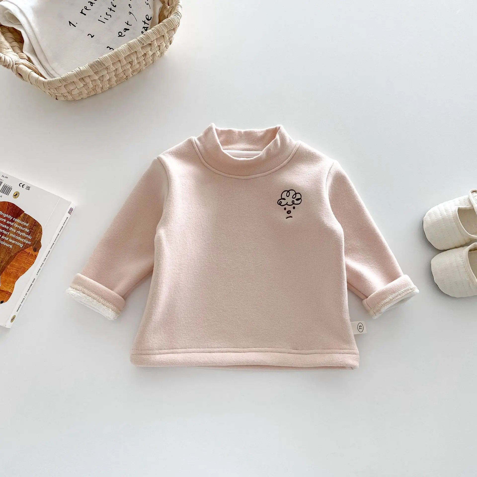 Herfst Kinder Basis Shirt Jongens Halve Turtleneck Warme Onderkant Tops Meisjes Bontvoering Geborduurde Gestreepte Blouse 0-5 Jaar Unisex