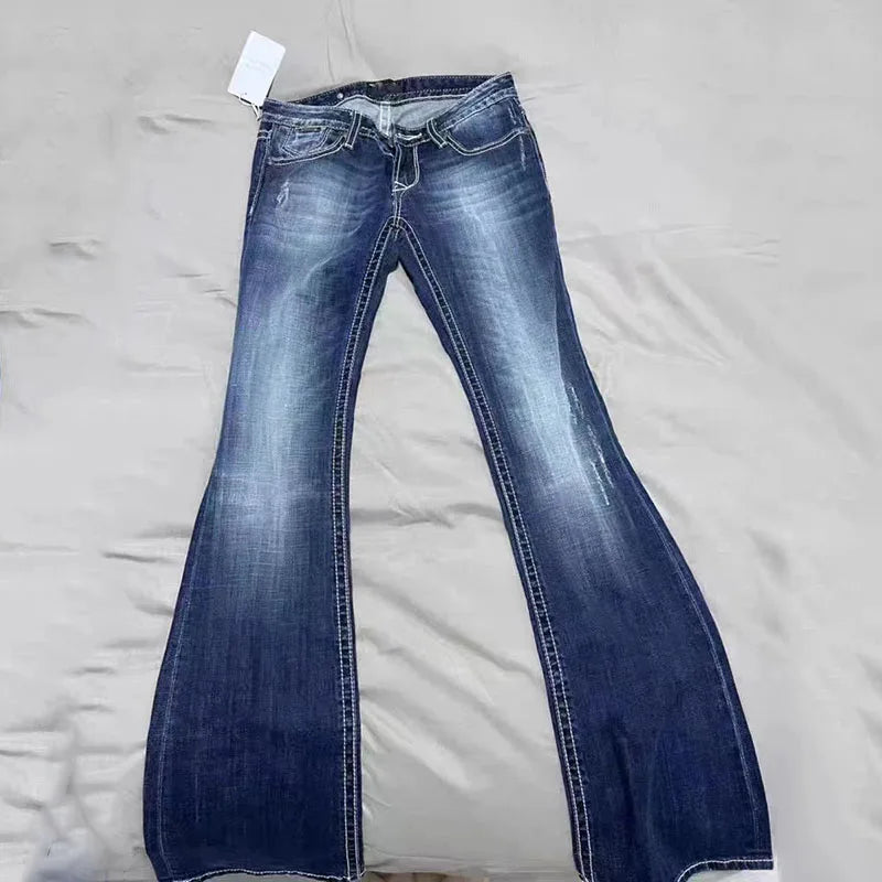 Retro Blue Low Rise Flare Jeans for Women Korean Slim Fit Elastic Denim Pants Woman Streetwear Hot Girl Y2K 2000S Jean Trousers