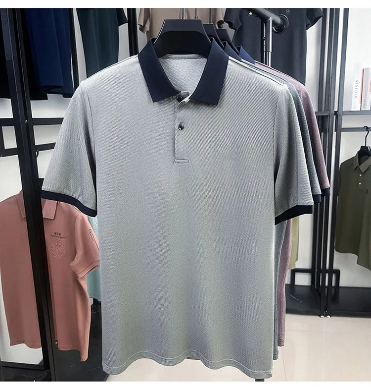 Men’s Breathable Polo Shirt – Stretch Fabric & Striped Design for Office/Casual Use Elastic Comfort and Classic Collar M-4XL
