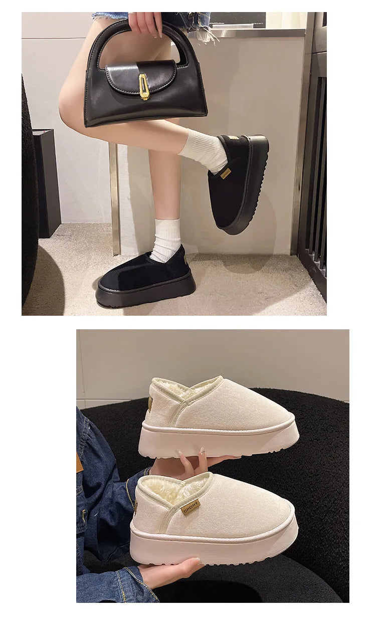 Women's Winter Warm Fuzzy Lining Cotton Shoes Fur Fluffy Slippers For Indoor and Outdoor Use With Anti-Skid Plush Thick Sole Cotton Shoes