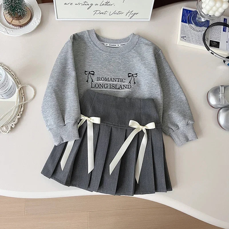 Girls Casual Hoodies Suit Simple Letter Sweatshirt and Pleated Skirt 2PCS Children's Autumn Outfit 2-7Y Girls