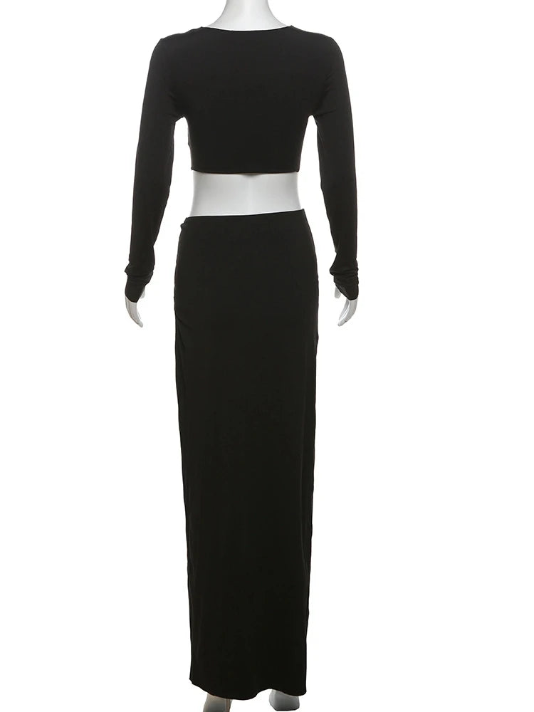 Classic Matching 2 Piece Set Women Fashion Solid Long Sleeve O-neck Crop Tees+Splited Maxi Skirts Female High Street Suits