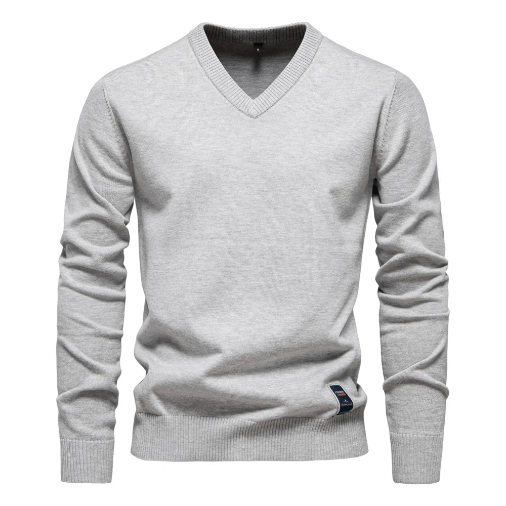 Men's V-neck Solid Cotton Pullover Sweaters Long Sleeve Casual Social Knitted Sweaters for Men