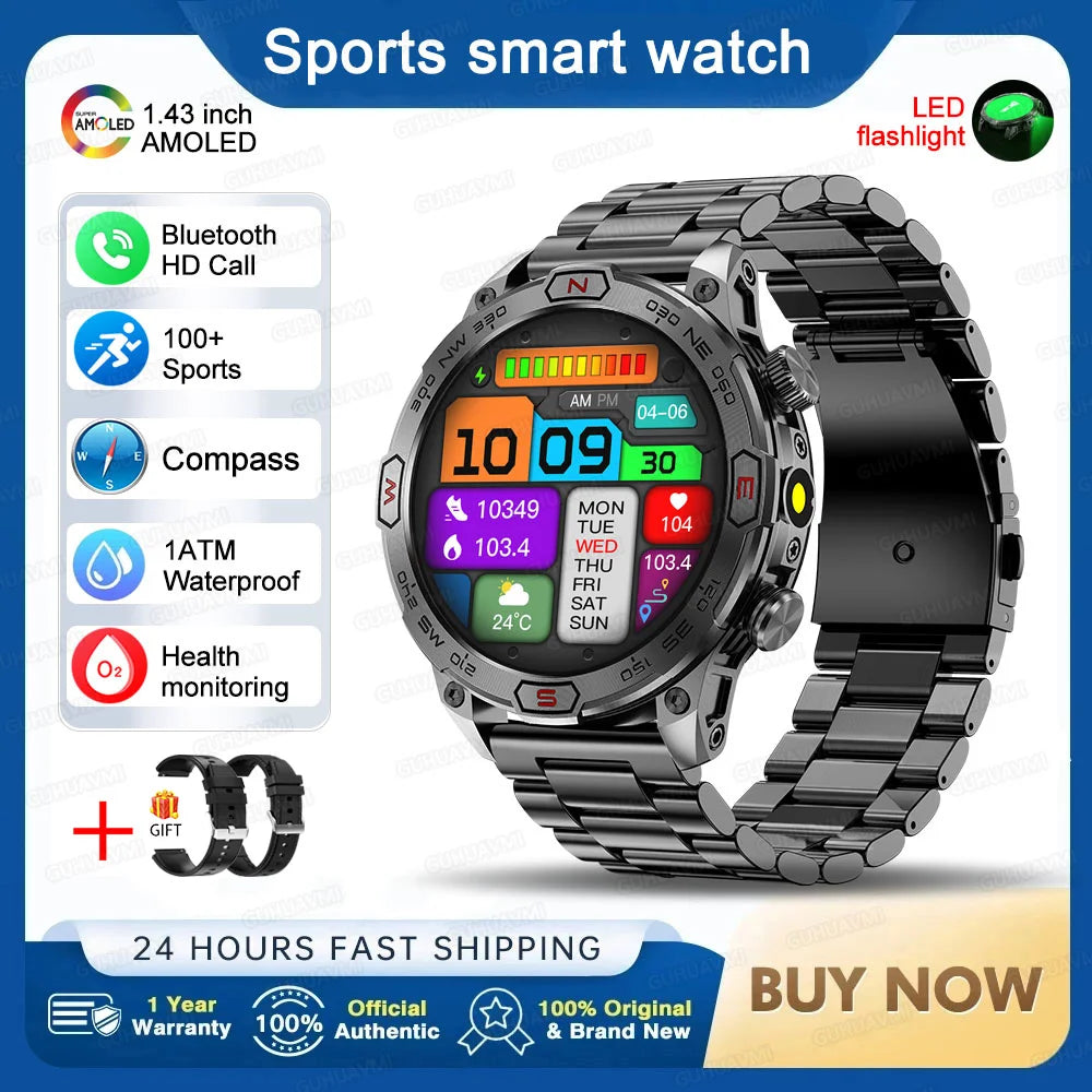 Outdoor Military Smart Watch Men Compass GPS Track Bluetooth Call IP68 Waterproof AMOLED Screen Smartwatch Compatible with Android IOS