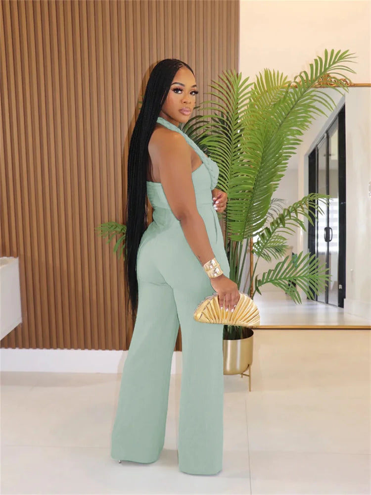 Women Fashion Straight Jumpsuit Summer Trend Twist Bandage Halter Ruched Hollow Backless Sleeveless Classic Outfits