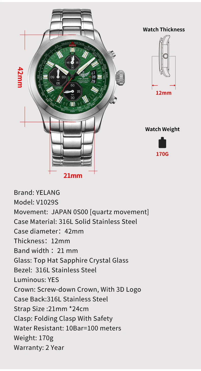 Yelang Men's Three Eyes Six Needles Japan OS00 Movement 100M Water Resistant Waterproof Diving Stainless Steel Quartz Watch