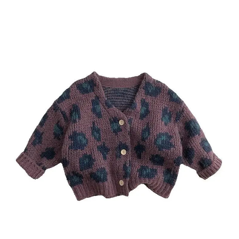 Girls' Autumn Vintage Korean Trendy Leopard Knit V-Neck Cardigan Coat For Children 1-7Y