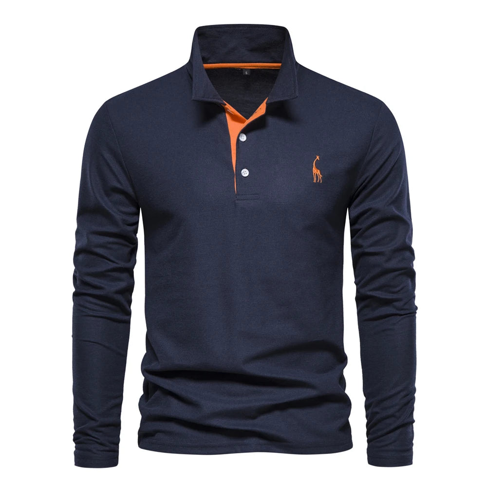 New Men's Deer Embroidery Polo Shirts Solid Colour Long Sleeve Social Business Male